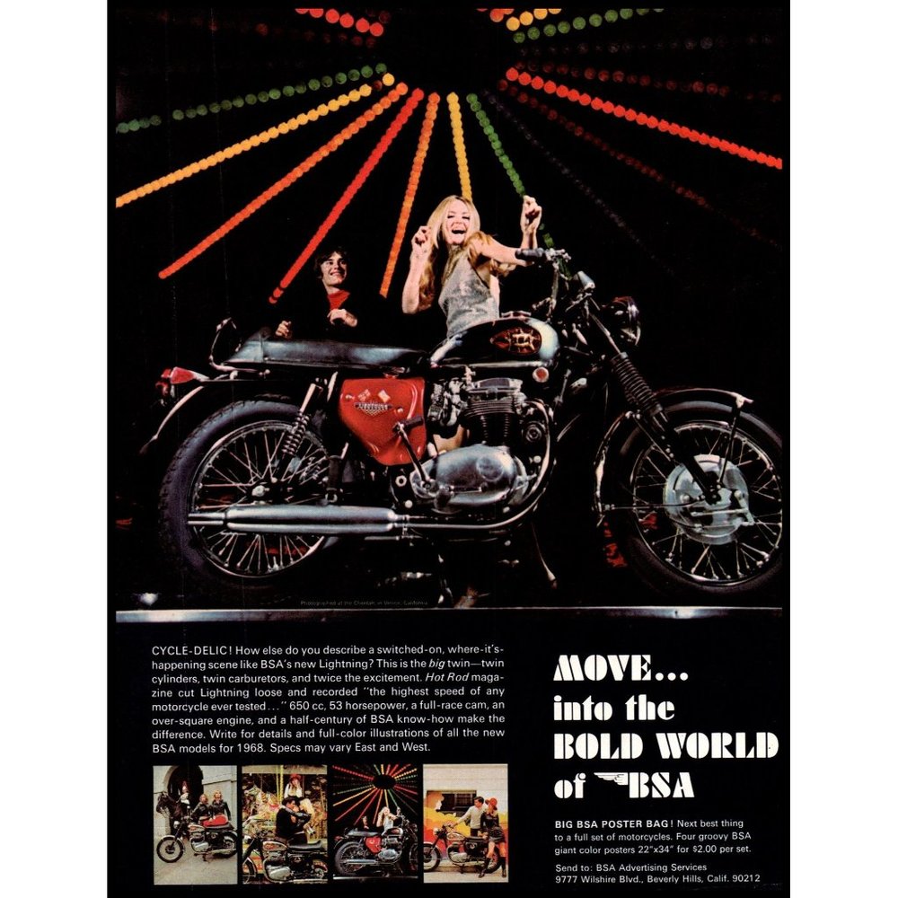 1968 BSA Lightning 650 Motorcycle Vintage Print Ad Groovy Bold World Wall Art